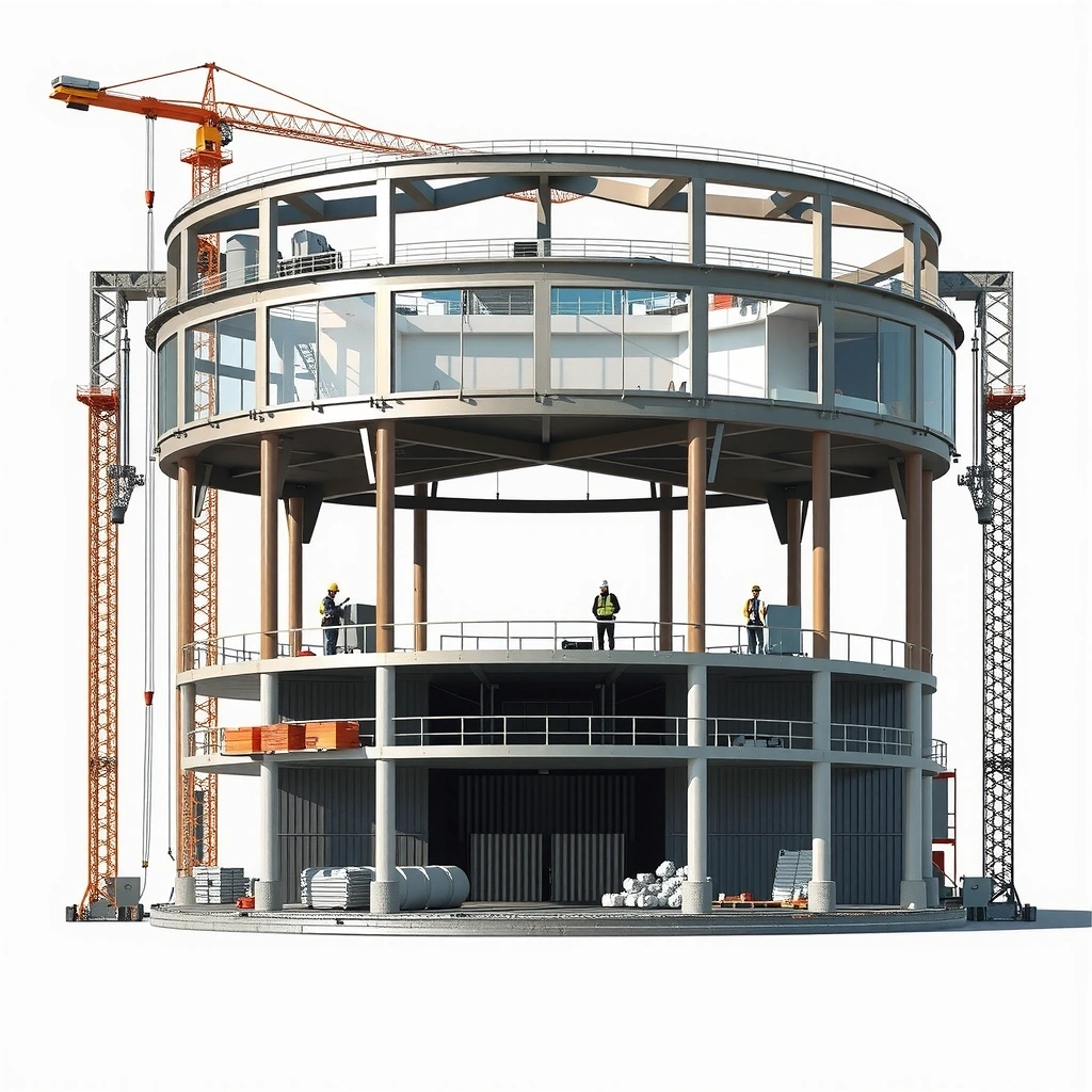 Commercial building construction site with steel framework