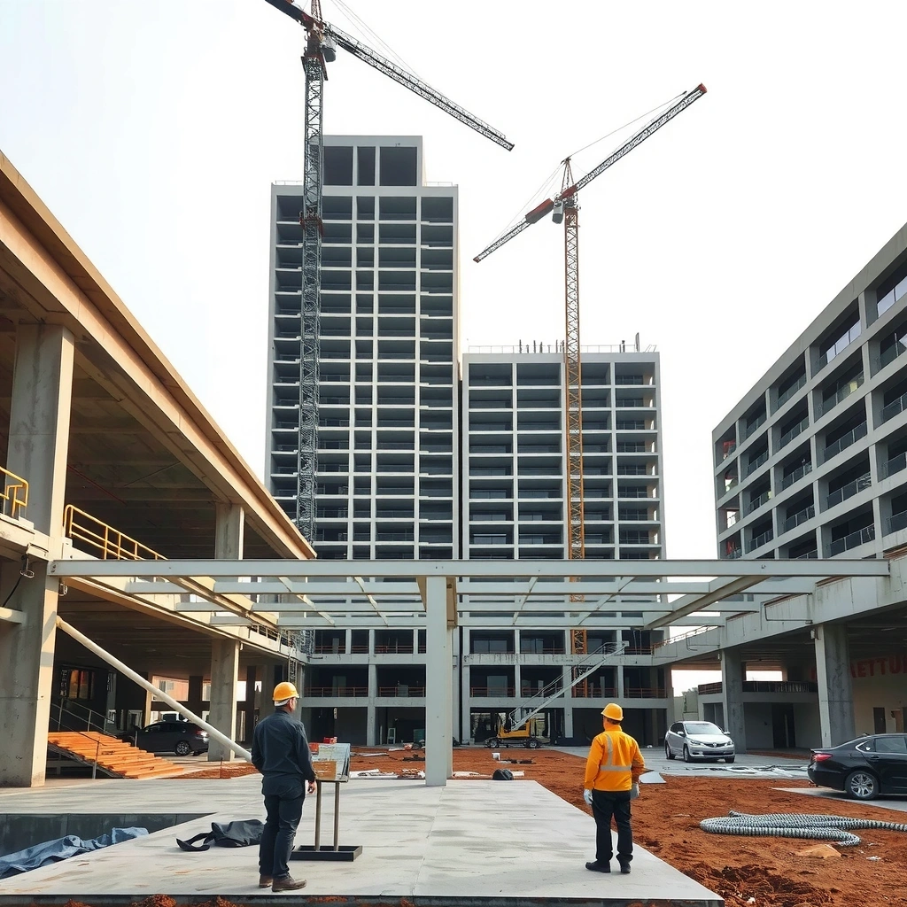 Modern construction project with steel framework and concrete